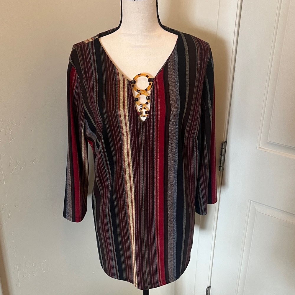 Tacera Multi-Striped V-Neck Tunic with Rings Accent - Red, Black, Cream, Gray